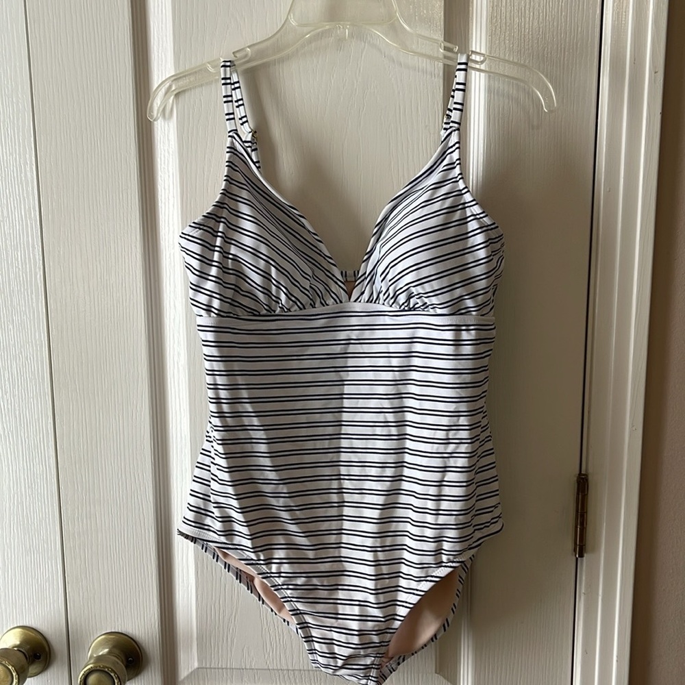 Kona Sol White Striped One Piece Bathing Suit